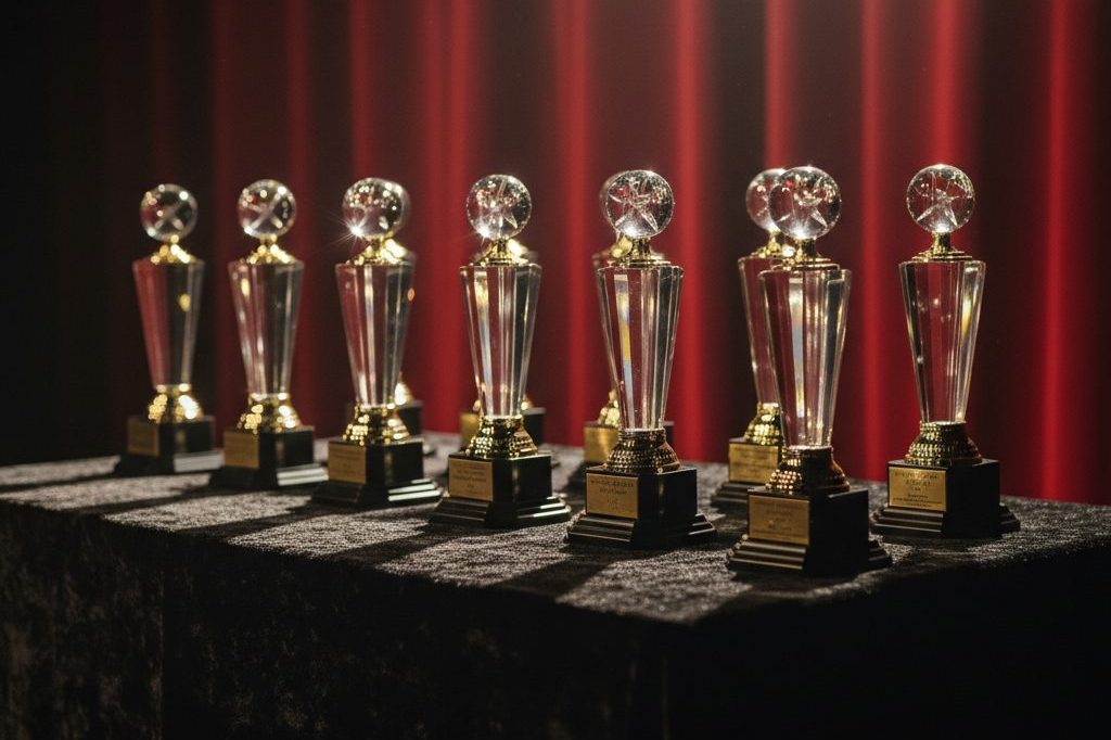 Row of crystal and brass award trophies on a black velvet table backstage