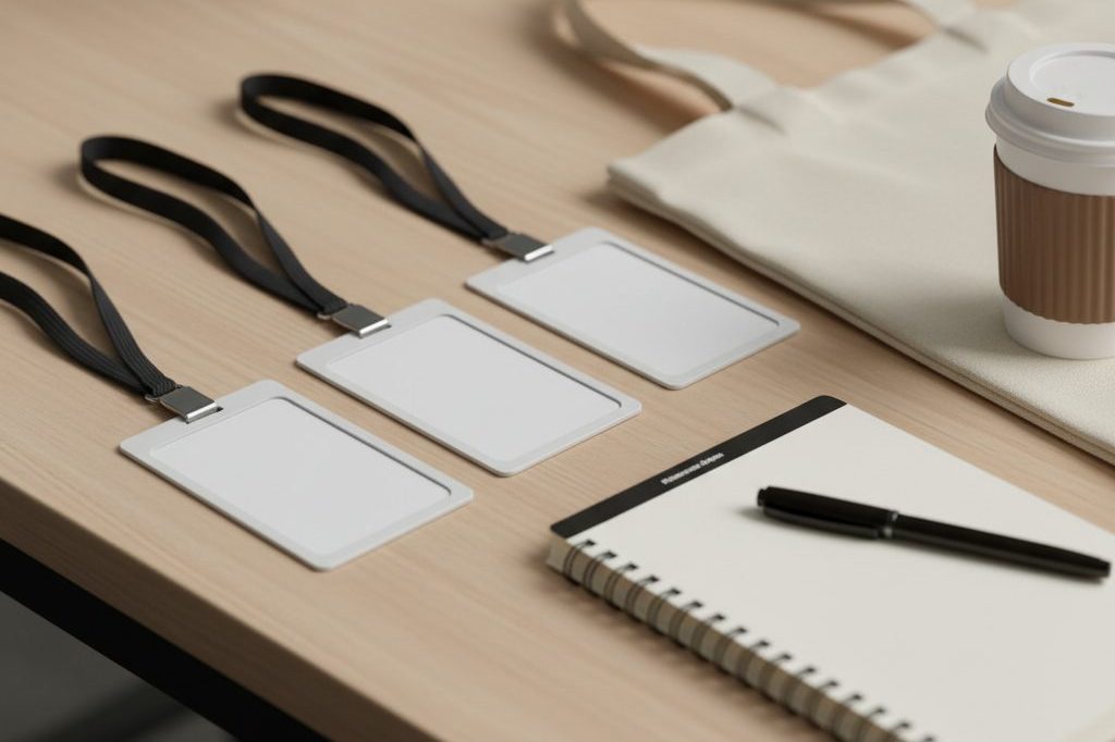 Blank conference badges with lanyards on a registration table with a tote and notebook