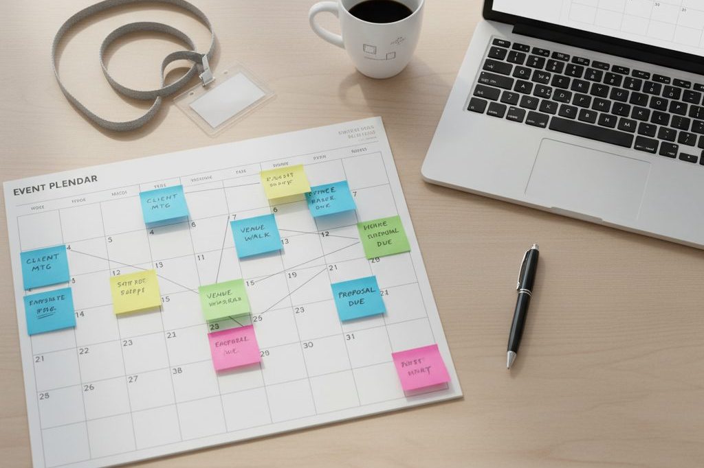 Flat-lay of a desk with a wall calendar and event-planning materials for cannabis conferences