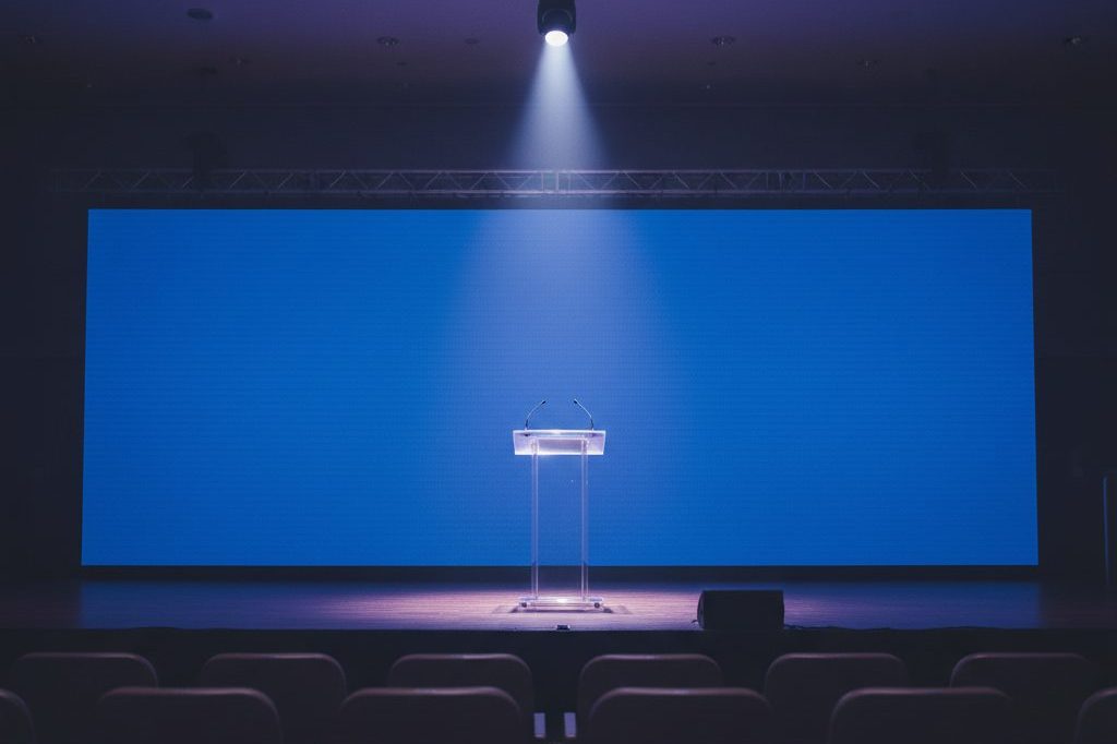 Empty conference keynote stage with lectern and blue LED backdrop