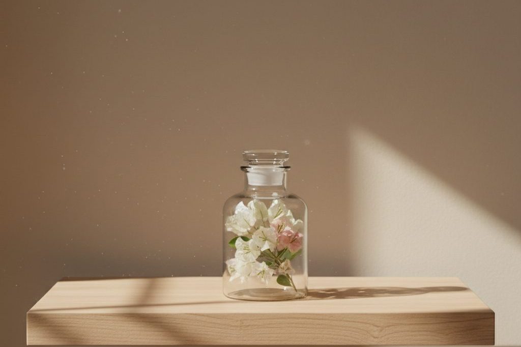 Minimalist curated showcase with oak platform and glass apothecary jar