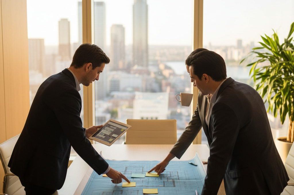 Event planning team reviewing a floor-plan blueprint in a bright boardroom