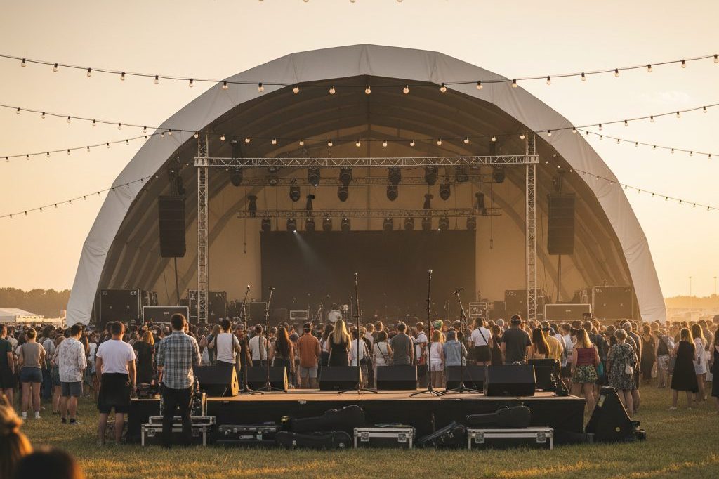 Outdoor cannabis festival stage at golden hour with attendees from behind