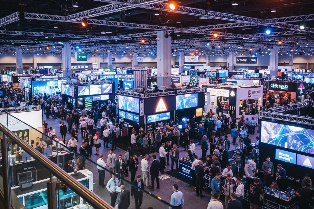 Expansive cannabis industry trade-show expo floor with exhibition booths and attendees