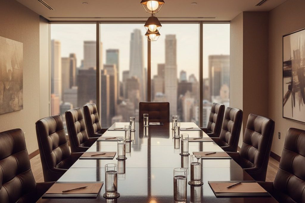 Upscale investor conference room overlooking a city financial district