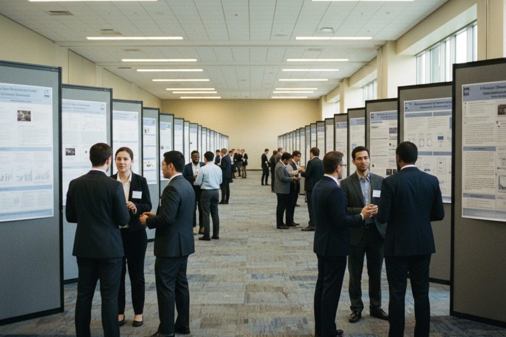 Academic research poster hall with clusters of researchers shown from behind