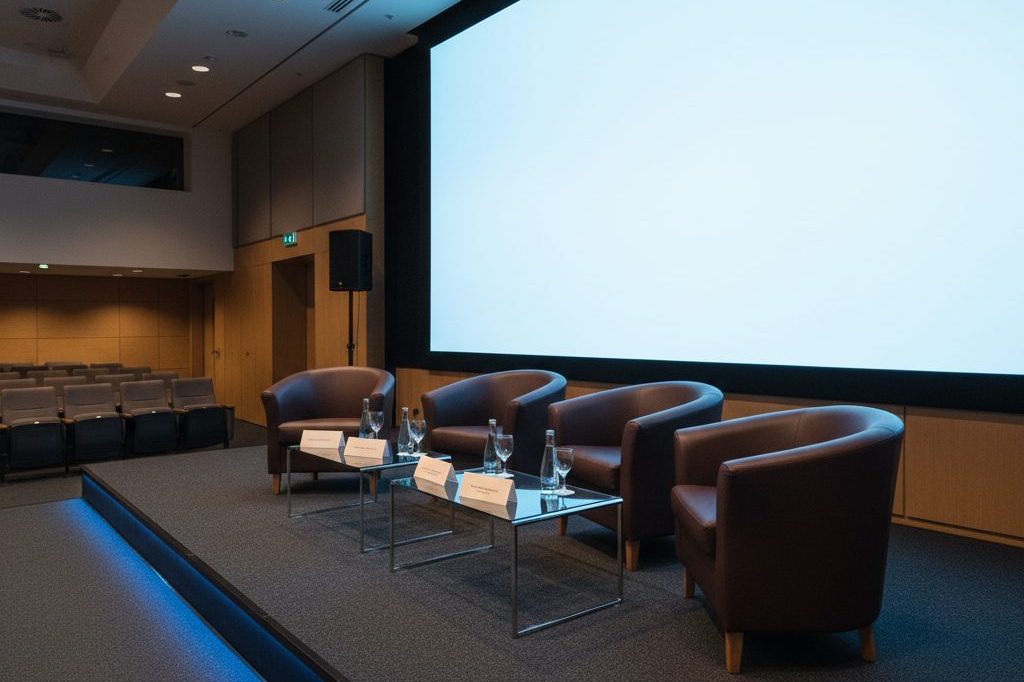 Empty panel stage with four chairs set up for a cannabis science and policy discussion