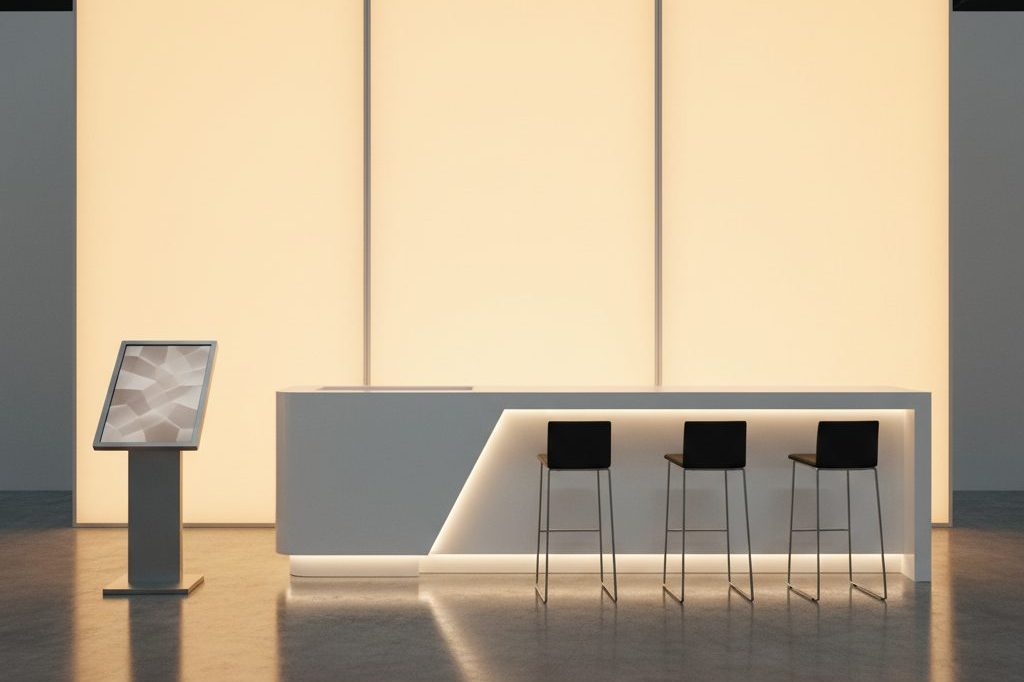 Premium trade-show sponsor booth with amber backlit panels and touch-screen kiosk