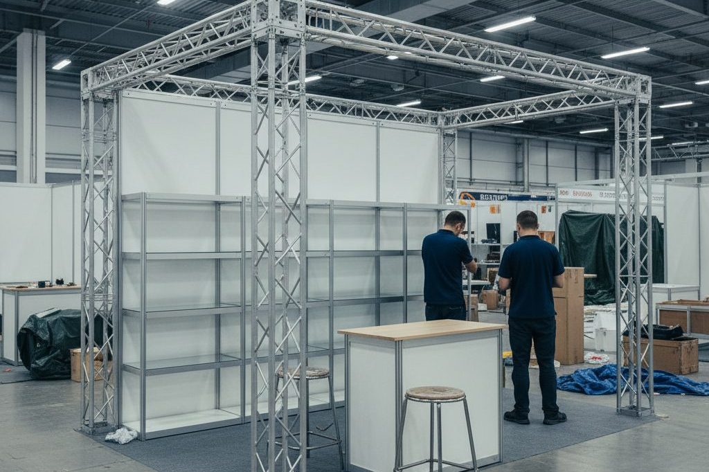 Exhibition booth being set up on a trade show floor before doors open